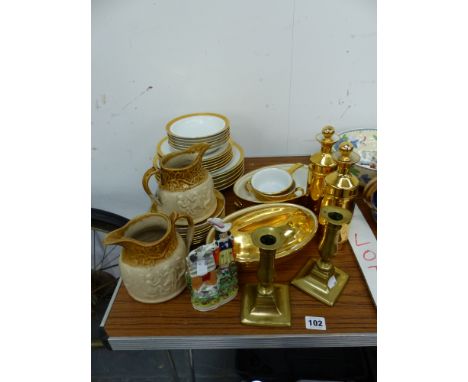 A SMALL COLLECTION OF WORCESTER GILT DECORATED DINNER WARES, A STAFFORSHIRE SMALL FIGURINE ETC. 