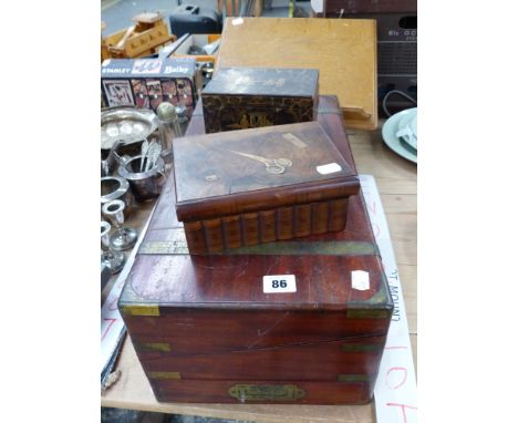 A BRASS BOUND WRITING SLOPE, AN EASTERN TOBACCO / TEA CADDY, AND A SEWING BOX AND A WOODED VINTAGE BOOK STAND. 