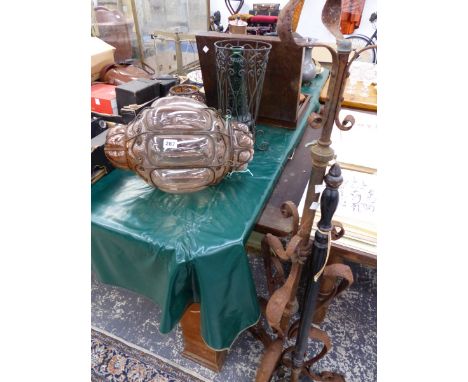 TWO BUBBLE GLASS AND WROUGHT IRON LIGHT SHADES, A WROUGHT IRON STANDARD LAMP, AND A WARMING PAN. 