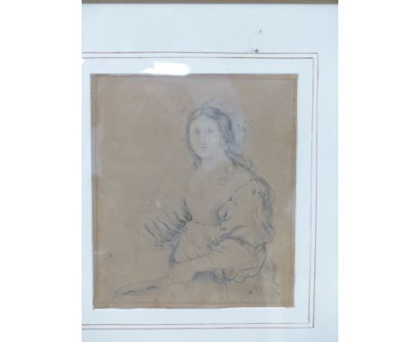 OLD MASTER SCHOOL.   PORTRAIT OF A LADY REPUTEDLY OF THE MARLBOROUGH FAMILY, EXTENSIVELY INSCRIBED ON BACKBOARD.  DRAWING.  2