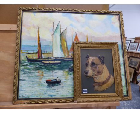 AN INTERESTING VINTAGE RELIEF PORTRAIT OF A HUNTING DOG, 32 X 24cms. TOGETHER WITH A DECORATIVE PAINTING OF SAIL BOATS, 63 X 
