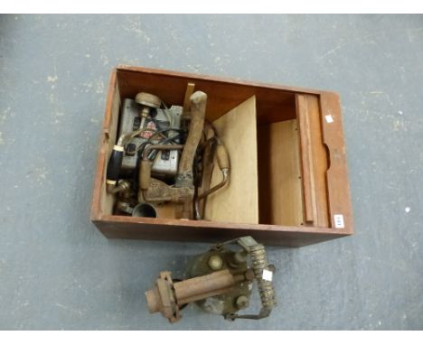 A LARGE BLOW LAMP AND VARIOUS TOOLS, IN A SMALL FILE CABINET. 