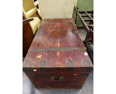 A LARGE PINE AND IRON BOUND CABIN TRUNK. 