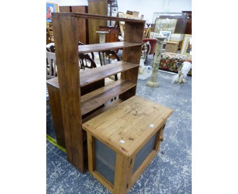 TWO PINE BOOKSHELVES AND A MEAT SAFE. MEASUREMENTS  MEAT SAFE W 69 X D 41 X H 53cms, BOOK SHELF W 80 X D 22 X H 123cms. 