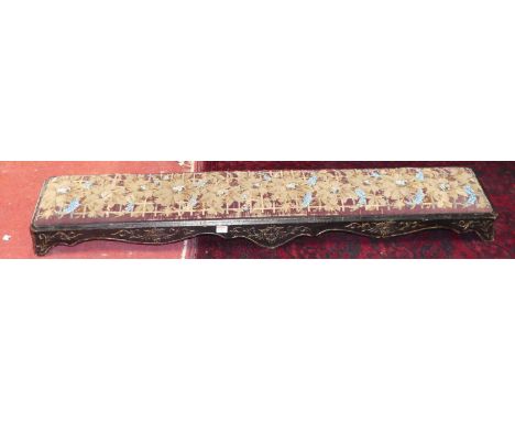 A late Victorian ebonised and floral gilt line carved and floral tapestry inset long kneeling stool, length 137cm 
