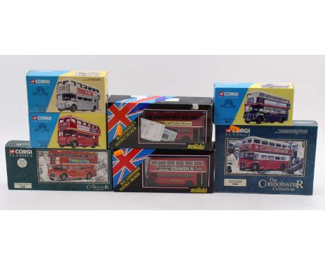 A small collection of Solido and Corgi Classics Bus models, with specific examples including a Corgi Classics The Connoisseur