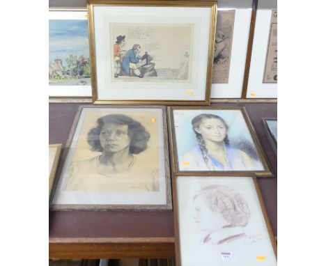 Assorted pictures and prints, to include David Buanand portrait study pastel, other pastel portraits, colour mezzotints etc 