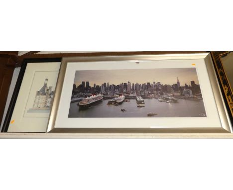 A Chateau de Chambord colour engraving; together with a photographic print of New York harbour and skyline (2)