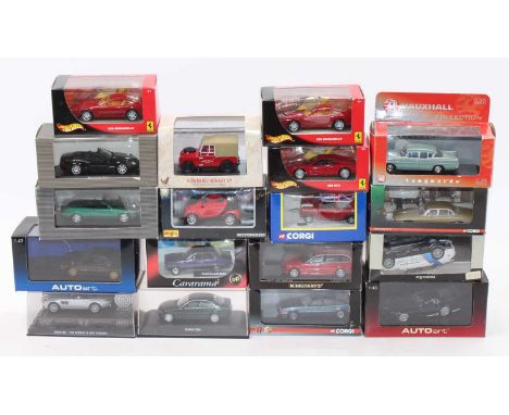 A collection of 1/43rd scale diecasts, with examples including an Auto Art Dodge Viper Coupe, a Corgi Vanguards Vauxhall Velo