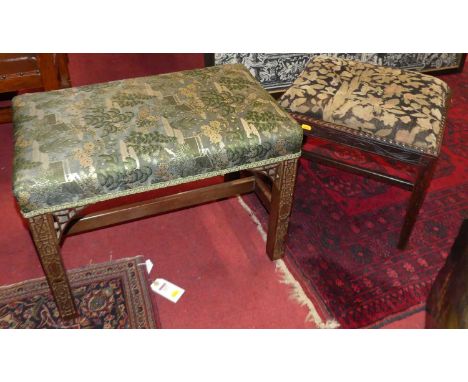 Two 19th century mahogany and relief carved dressing stools, one with silk chinoiserie landscape style fabric top, length 62c