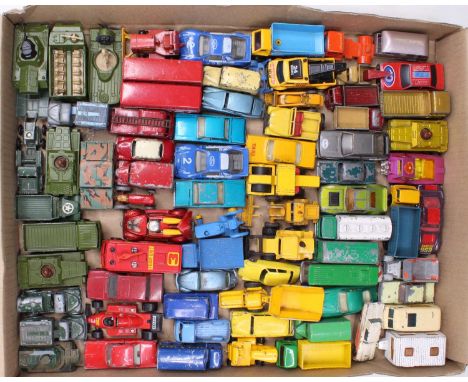 A tray of play-worn Matchbox miniatures, with examples including No. 75 Ford Thunderbird, No. 20 Chevrolet Taxi, and others