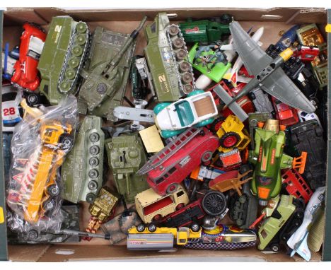 A tray of mixed play-worn diecasts including a Dinky Toys Junkers JU87B Fighter Plane, a Matchbox Adventure 2000 Crusader, an