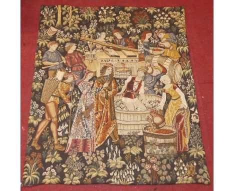 A Continental needlework tapestry wall hanging, depicting a medieval society scene, 92 x 78cmIn very good condition.No appare