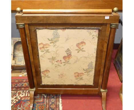 A 19th century German mahogany and brass mounted floral fabric inset fire screen, width 86cm