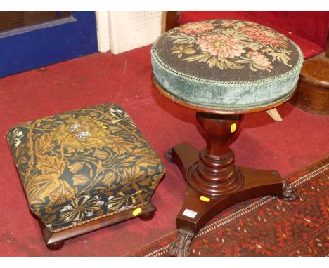 An early Victorian mahogany circular tapestry upholstery topped music stool; together with a Victorian mahogany and later flo