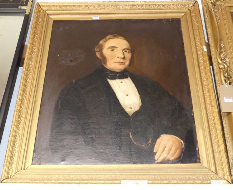 19th century English school - half-length portrait of a gentleman wearing a black jacket and bowtie, oil on canvas, 75 x 62cm