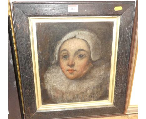 A 17th century style bust portrait oil on oak panel, indistinctly signed lower right and inscribed verso, 31 x 26cm 