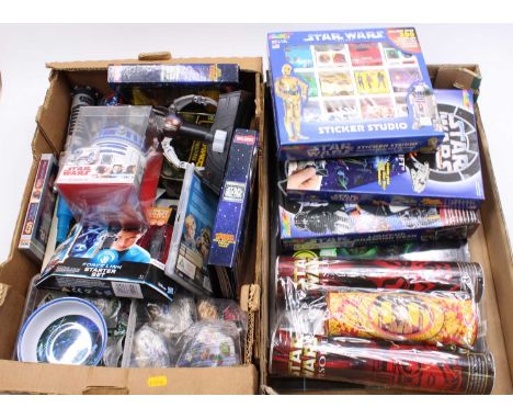 2 trays of mixed Star Wars collectibles including a Star Wars Trilogy Light Up Drawing Desk, a Tazo collectors pack, an R2-D2