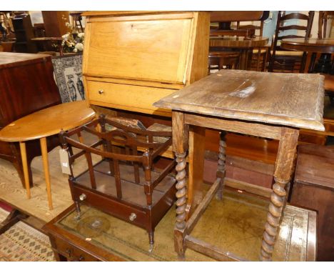 Occasional furniture to include; a pale oak student's bureau, an oak barleytwist occasional table, twin division Canterbury, 