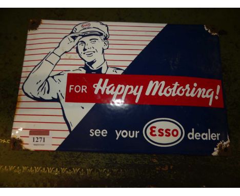 An enamel on metal wall mounted sign, of slightly convex form, titled For happy motoring see your ESSO dealer, 20 x 30cm