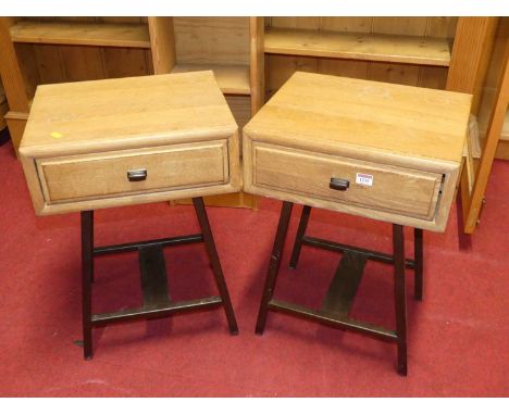 A pair of contemporary limed oak and anodised metal single drawer lamp tables, w.42cm 