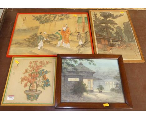 H Yoshida - Way to Kasuga shrine, woodblock, 38 x 26cm; together with a Japanese watercolour, another watercolour and a woodb