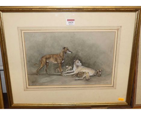 Louise Wood - Family of hunting hounds, watercolour, signed and dated '81 lower left, 22 x 35cm