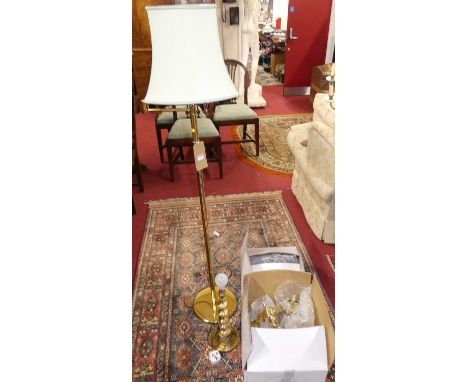A contemporary polished brass standard lamp; together with a similar table lamp; and a pair of hanging ceiling lights (4)