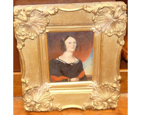 19th century English school - half-length portrait of a lady wearing a black dress, miniature oil on copper, 14 x 11cmColours