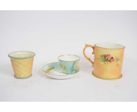 Group of Royal Worcester blush ground wares including a mug, small pot, cup and saucer in aesthetic style and further vase wi