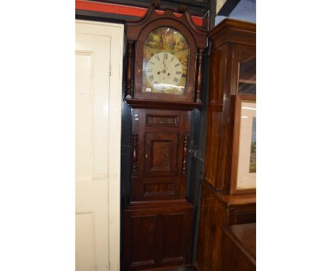 Large 19th century North Country longcase clock, the mahogany case with broken arch pediment, turned hood supports, a wide tr