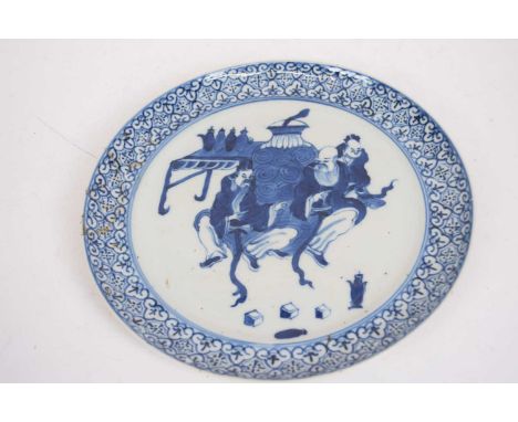 A Chinese porcelain plate possibly Kangxi decorated in blue and white with Immortals24cmrepaired