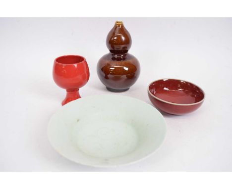 Group of Chinese ceramic wares including a celadon dish, further flambe type small bowl, a gourd vase and further red coloure