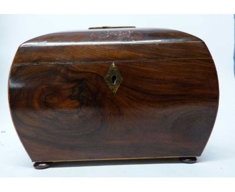 19th century mahogany tea caddy of lobed shape with stringing, 20cm long