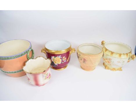 Quantity of jardinieres including a Royal Worcester blush ground example, and further English porcelain examples, tallest 20c