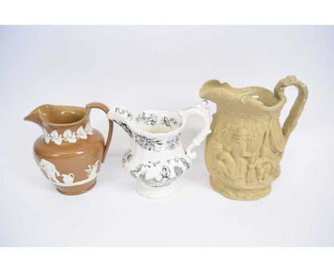 Three 19th century jugs including a gipsy jug by Jones &amp; Walley, Cobridge, a Ridgway type George IV jug and further drabw