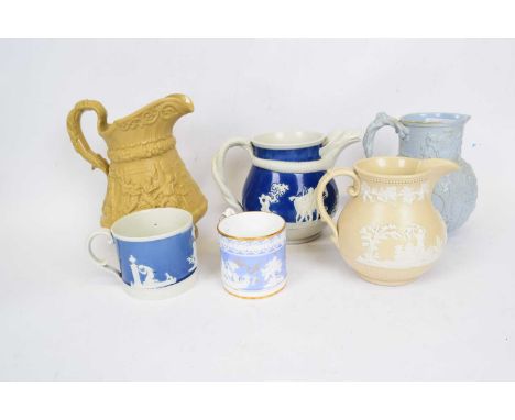 Group of Victorian relief decorated jugs including a Ridgway example with hunting scenes, Cobridge Albion jug and other examp