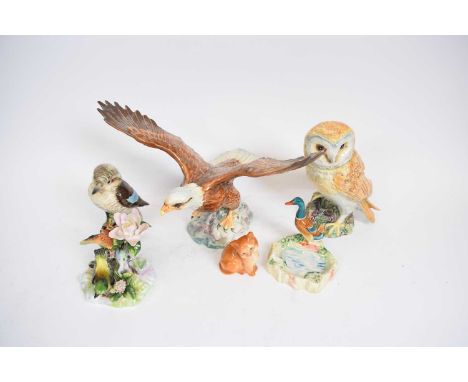 Quantity of ceramic models of birds including an owl, an eagle, Beswick eagle, and group of double Myrtle Warblers by Adderle