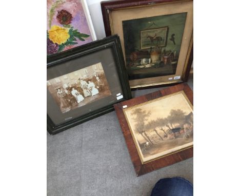 An early 20th century print, 'The Cause of Many Troubles', 30cm x 37cm,  framed and glazed. A Victorian wedding photo, 29cm x