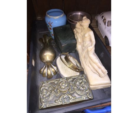 A box of collectables to include Continental silver plated vases. 