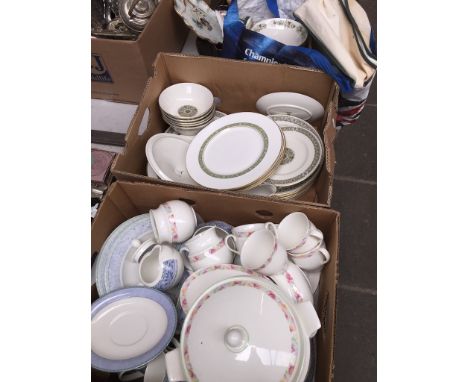 Two boxes and a bag of tableware including Royal Doulton expressions Rivoli, St Michael Gemma, Royal Doulton Rondelay, Celtic