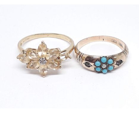 A hallmarked 9ct gold cluster ring set with yellow stones and another set with turquoise marked '9ct GOLD', gross weight 4.51