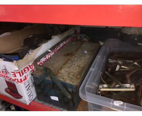 A box of misc tools and other items to include lamps, battery charger, foot pump + toolbox with tools and a box of various ha