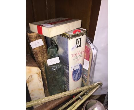 Various items inc JRR Tolkien Lord of The Rings book, old Children's Encyclopedia, old bottle a vintage Lexicon game and a bo