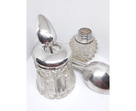 Two silver topped cut glass bottles/jar, a hallmarked silver teaspoon and five silver plated spoons etc. 