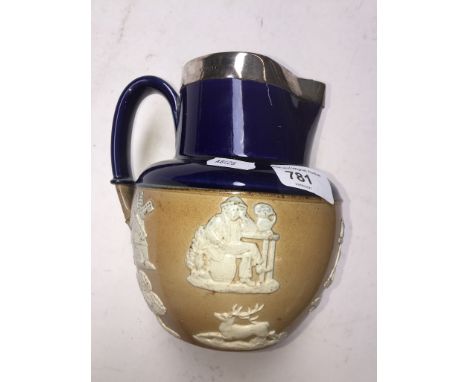 A Royal Doulton Lambeth ware jug with hall marked silver collar 