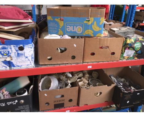 Nine boxes of assorted items to include cutlery, vases, Churchill ware pottery, ornaments including Royal Worcester Chaffinch