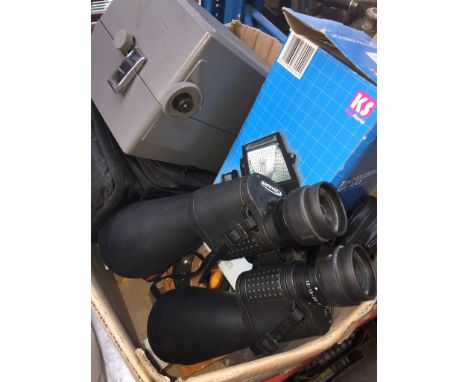 A box containing camera, binoculars and projector etc. 