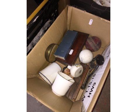 Small box of items inc. magnifying glass, mahogany boxed scales etc. 