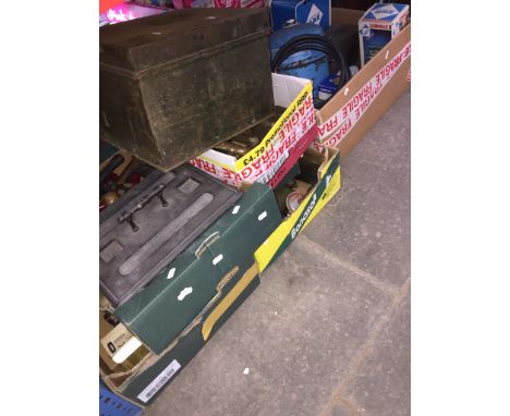5 boxes and a metal box with various tools to include woodworking, garageware, vintage, etc and camping equipment to include 